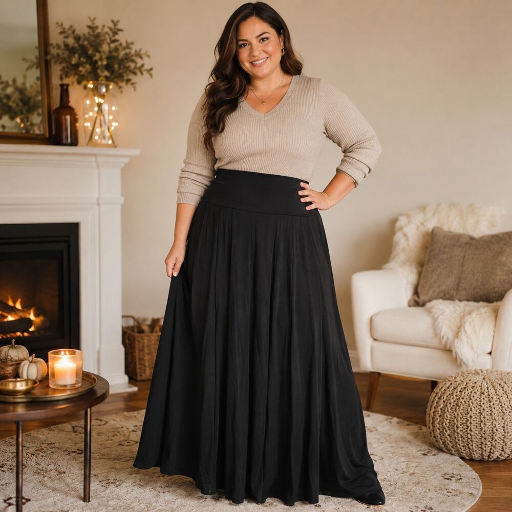 Tulip B XL Black Stretch Foldover Waist Cozy Knit Maxi Skirt NWT